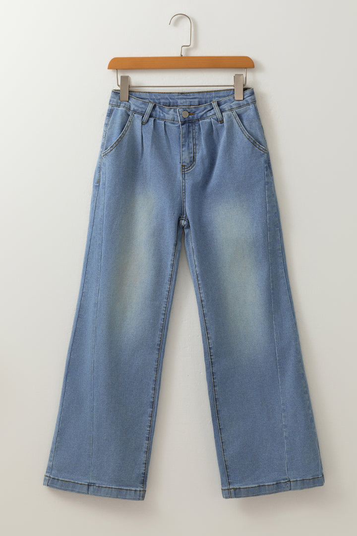 Ashleigh Blue Washed Pleated Detail Wide Leg Jeans
