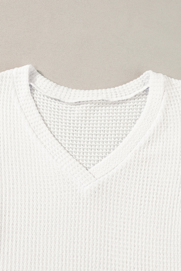 White V Neck Petal Sleeve Waffle Knit T-Shirt
