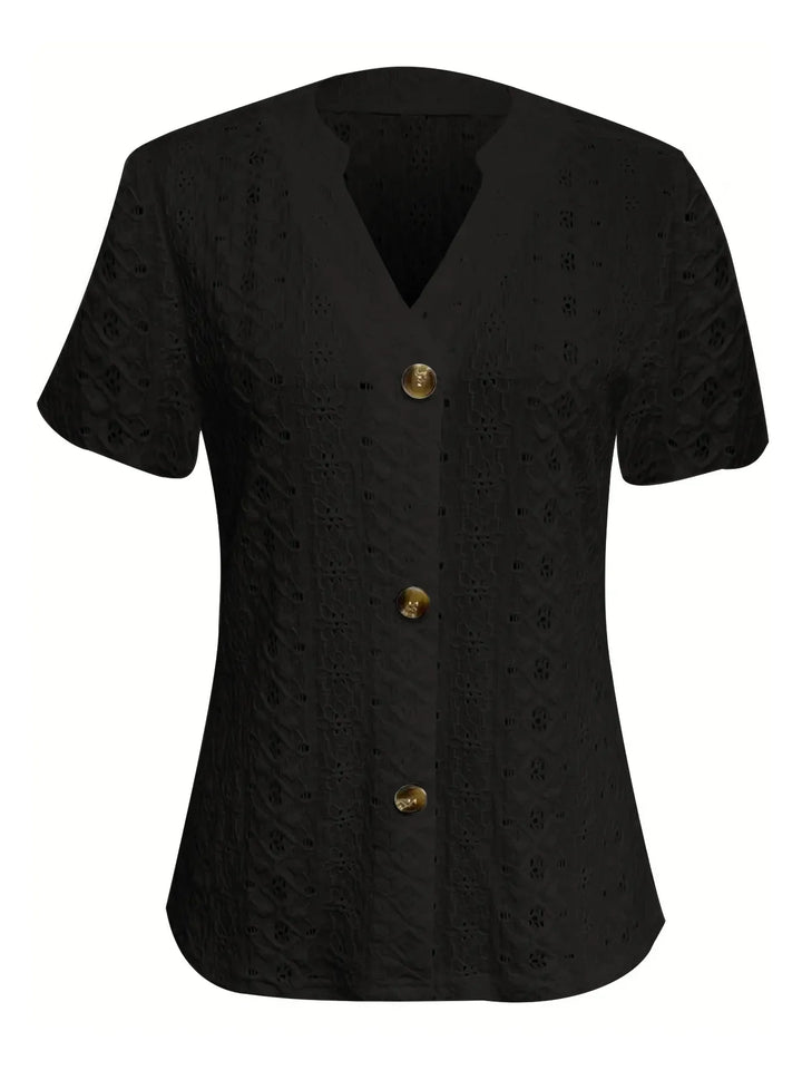 Openwork Notched Short Sleeve Top