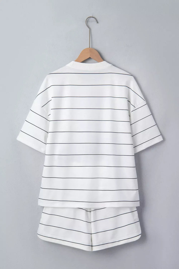Stripe Half Sleeve Tee and Drawstring Shorts Set