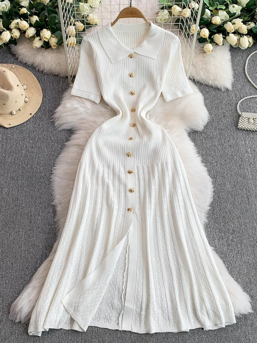 Button Front Ribbed Knit Midi Dress