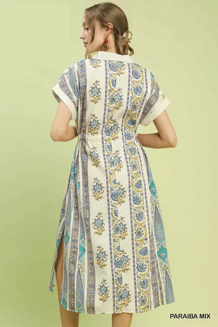 Umgee Vertical Print Tie Waist Midi Dress