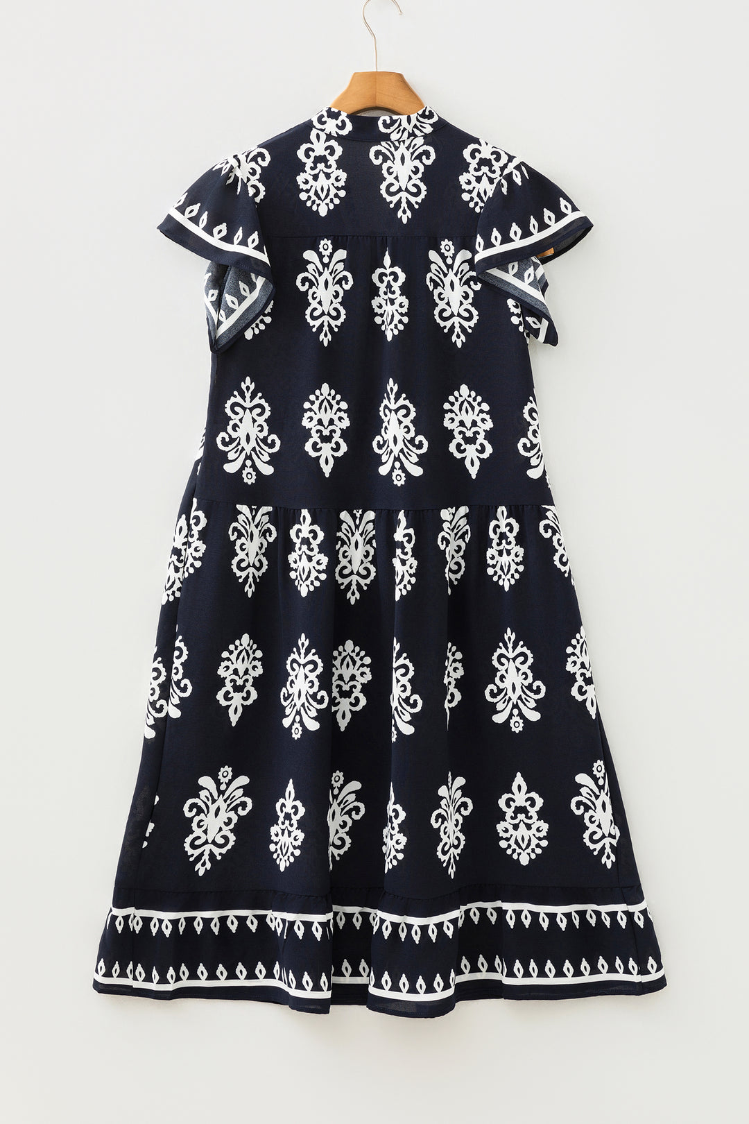Blue Western Ethnic Print Notched Neck Short Sleeve Midi Dress