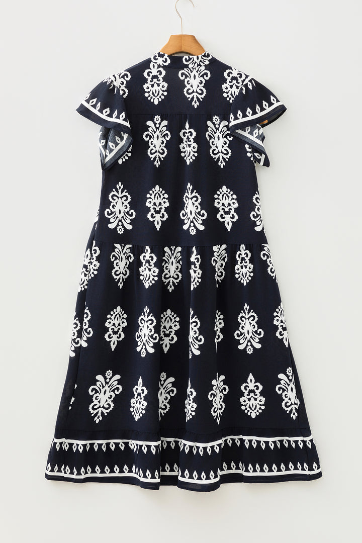 Blue Western Ethnic Print Notched Neck Short Sleeve Midi Dress