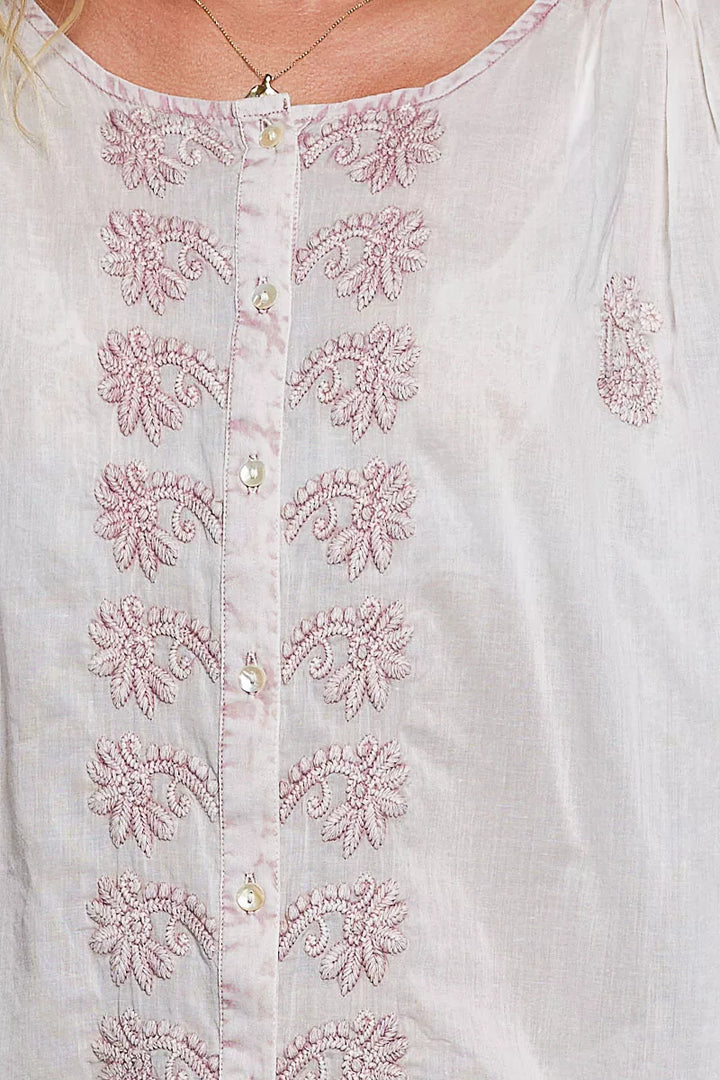 POL Embroidered Gathered Shoulder Long Sleeve Shirt