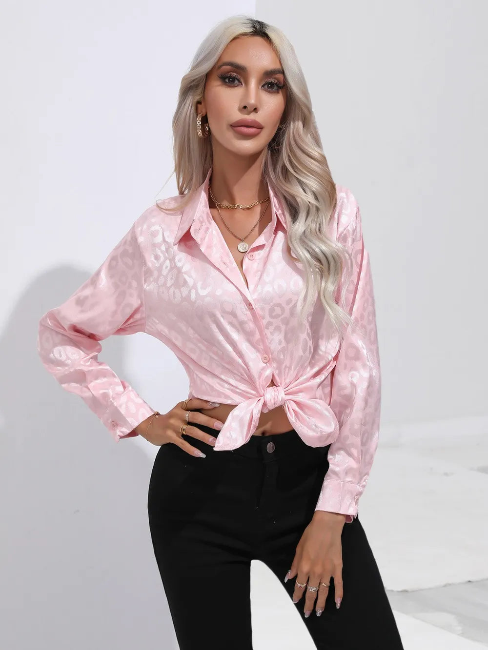 Leopard Collared Neck Long Sleeve Shirt