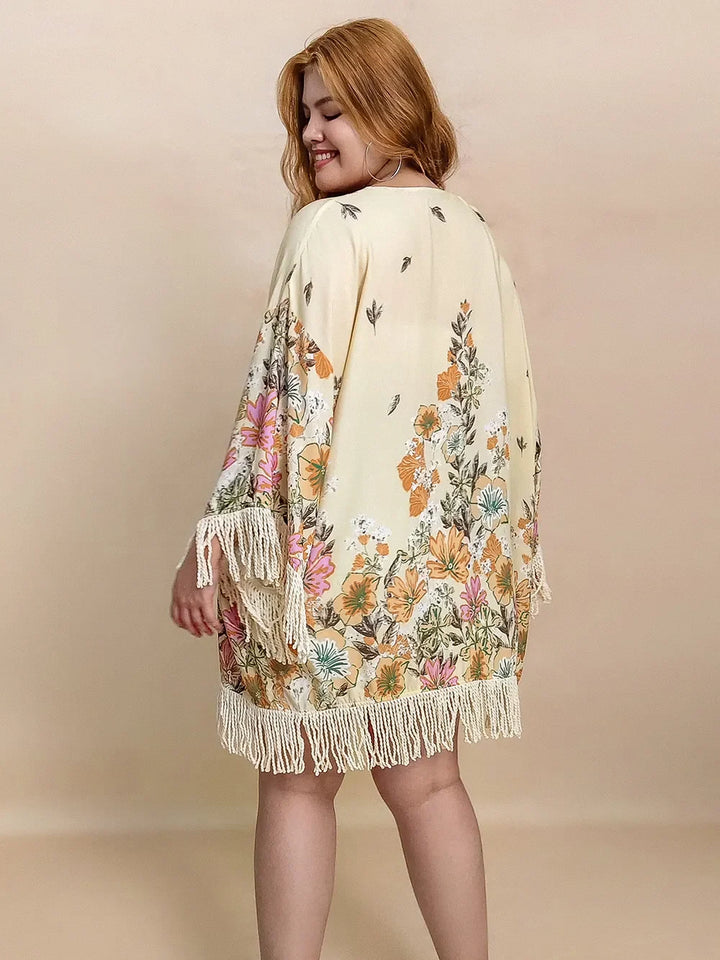 Plus Size Fringe Printed Open Front Cardigan