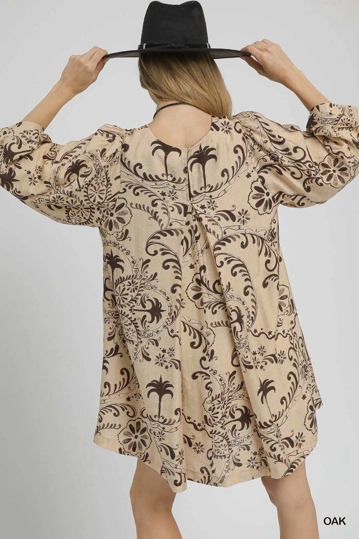Umgee Boho Printed Balloon Sleeve Mini Dress