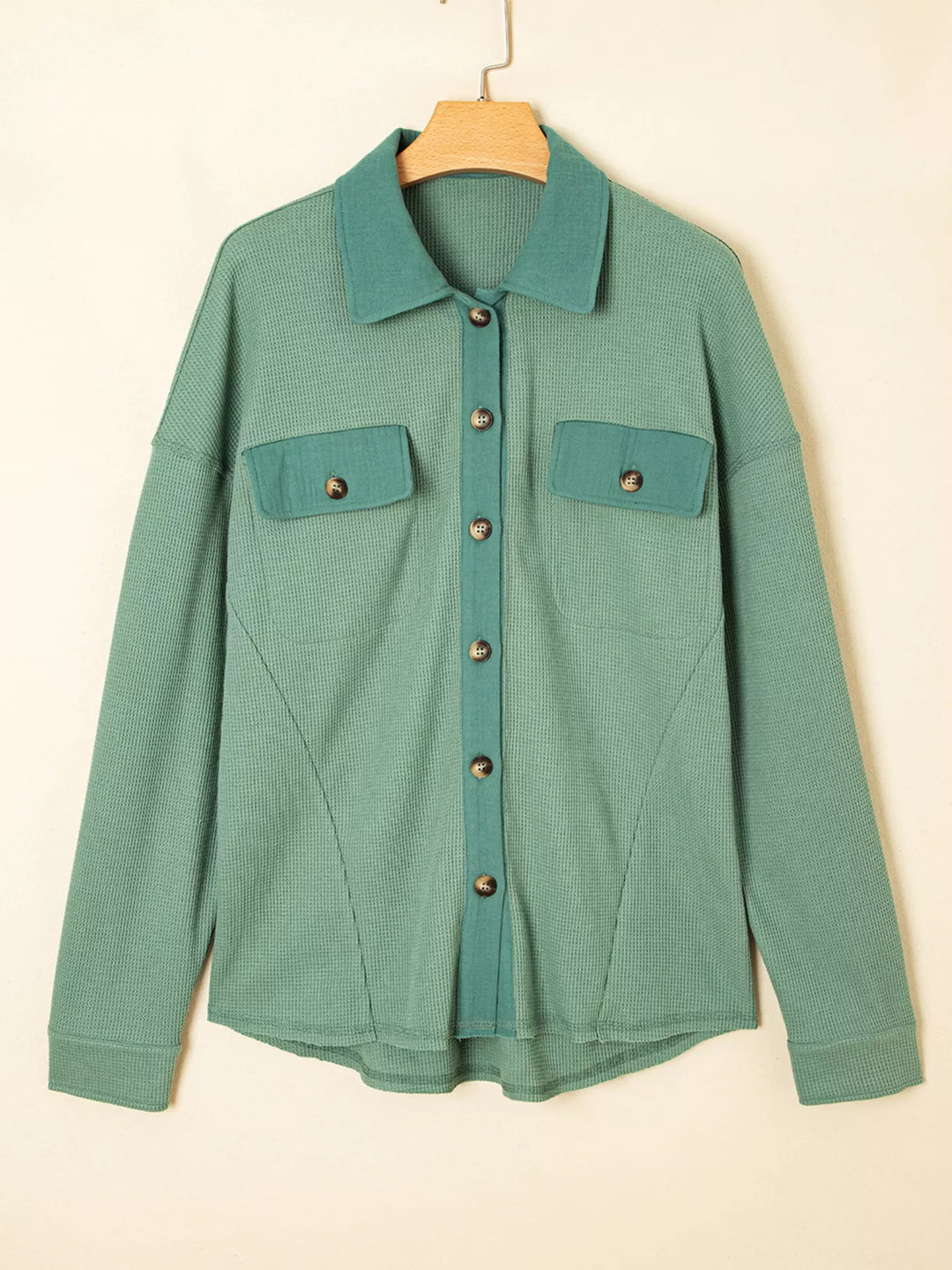Waffle Knit Vintage Patchwork Button Up Loose Shirt