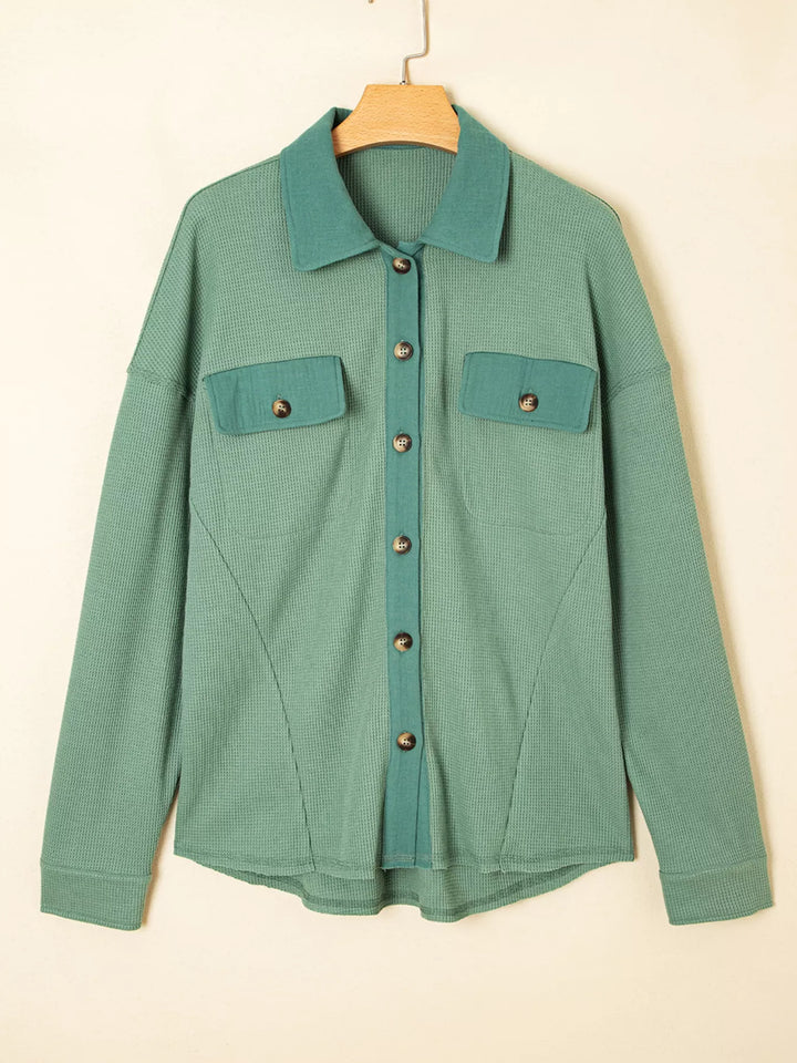 Waffle Knit Vintage Patchwork Button Up Loose Shirt