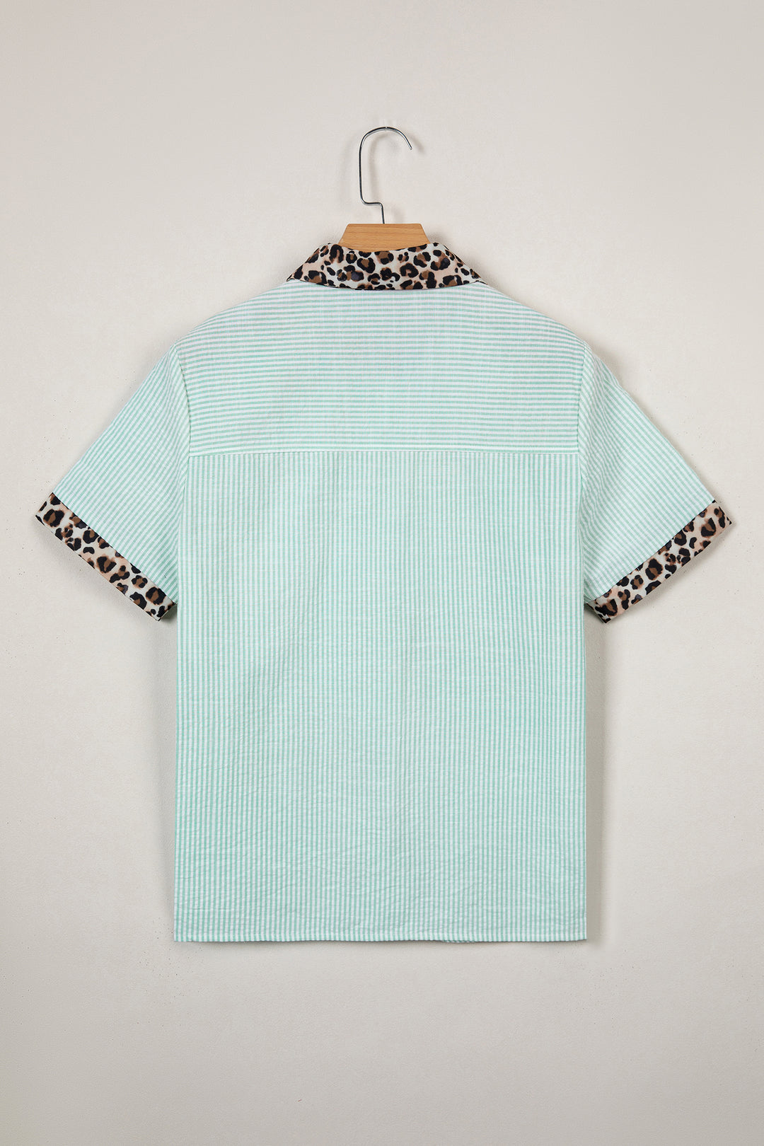 Green Stripe Leopard Contrast Collar Short Sleeve Shirt