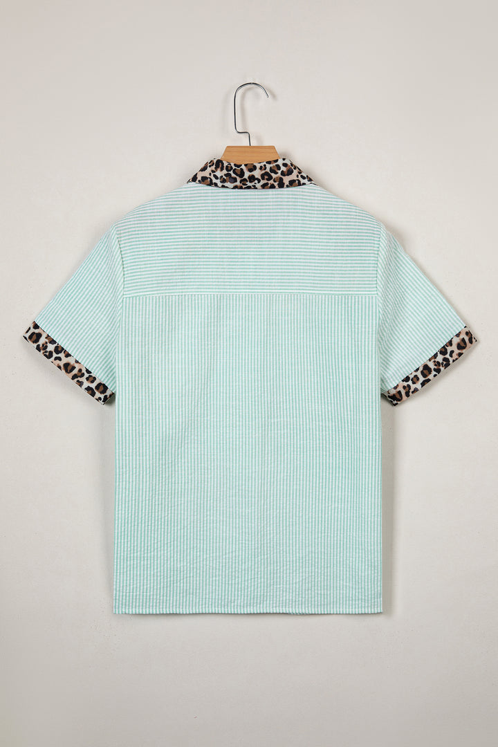 Green Stripe Leopard Contrast Collar Short Sleeve Shirt