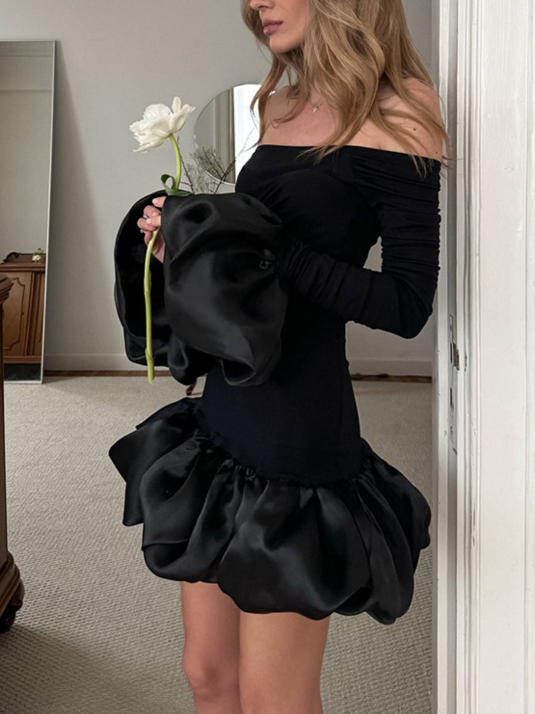 Off-Shoulder Ruffle Hem Mini Dress