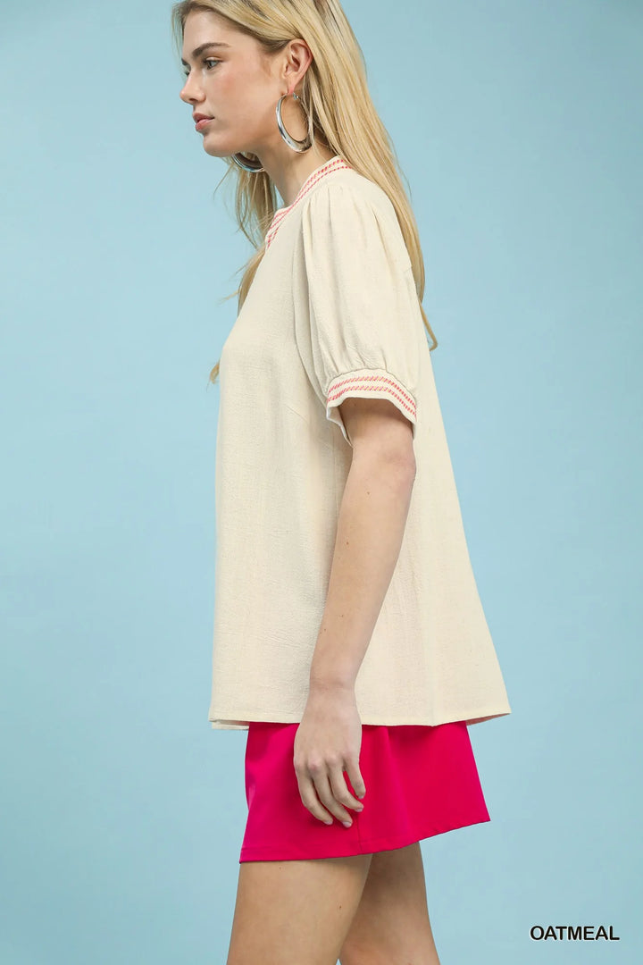 Umgee Embroidery Linen Puff Sleeve Blouse