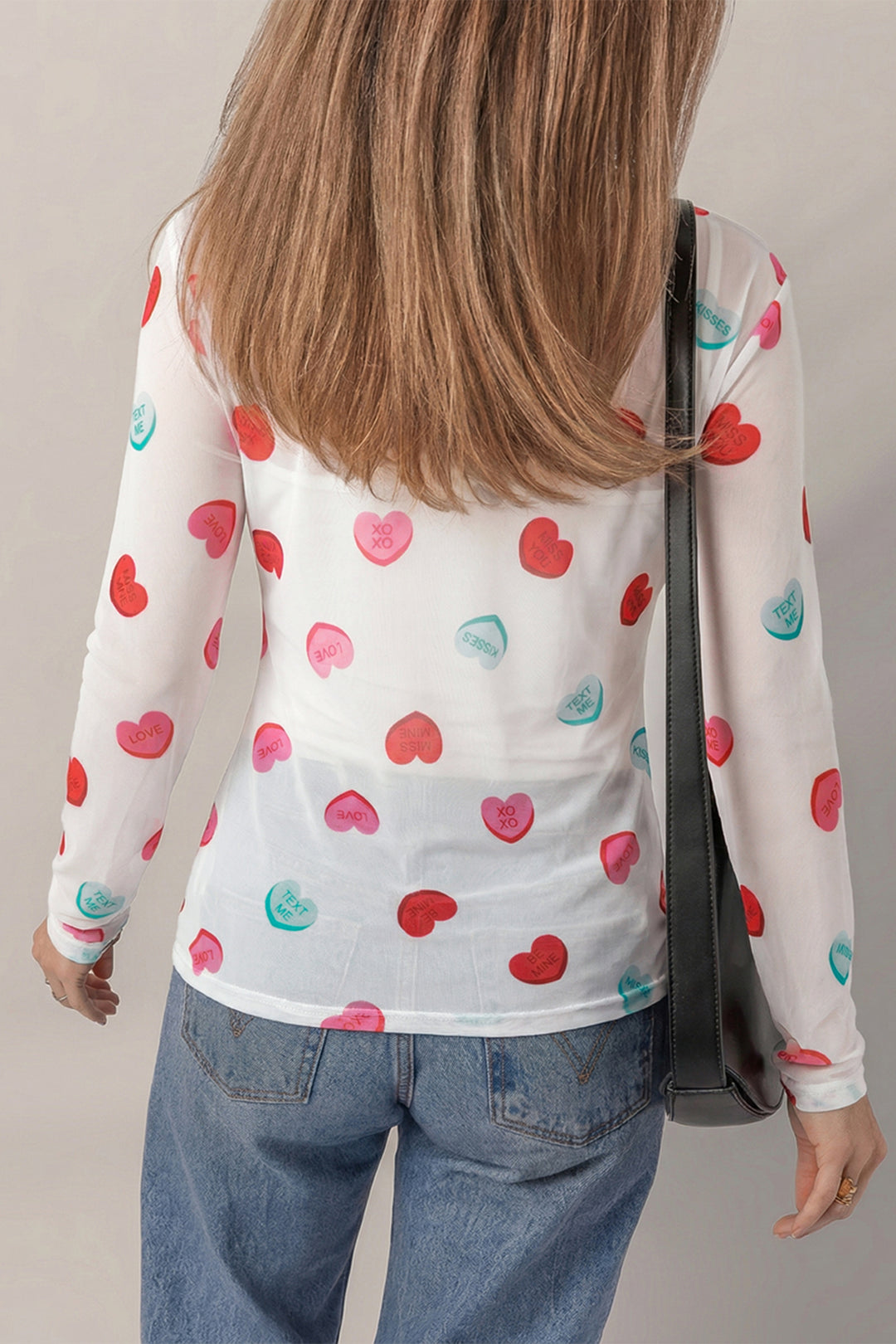 White Sheer Mesh Valentines Slogan Heart Printed Long Sleeve Top