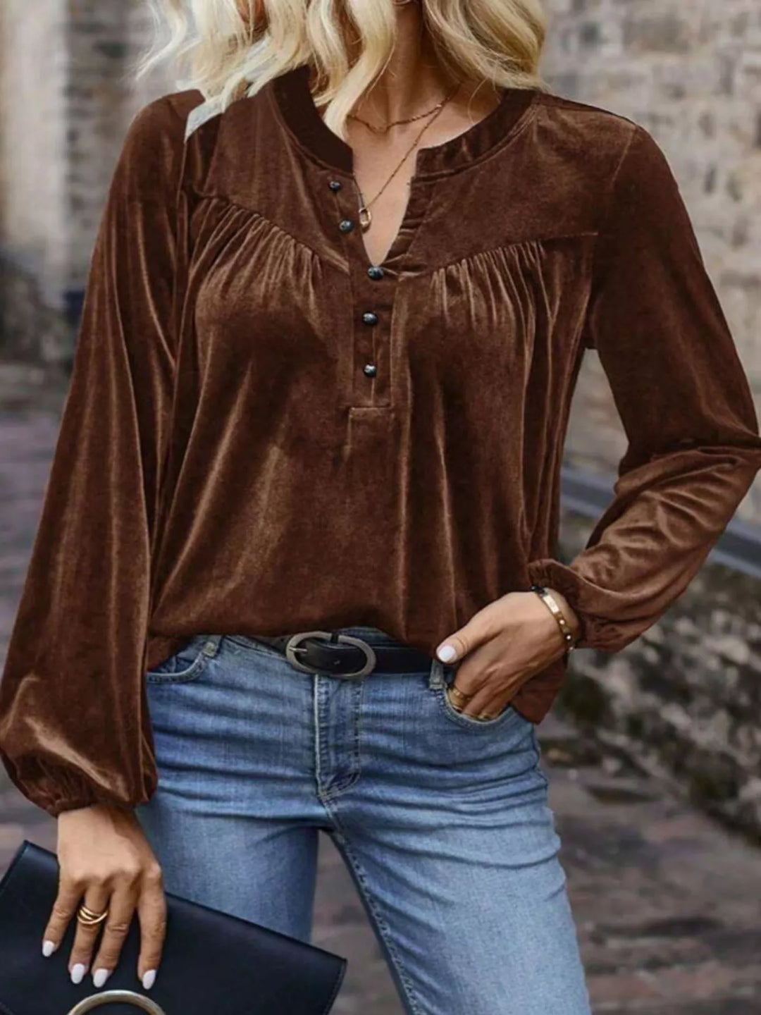 Velvet Balloon Sleeve Blouse