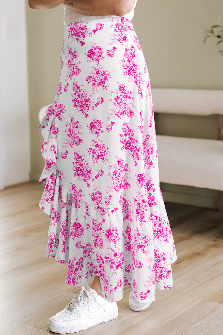 Jupe longue fendue à volants taille haute à fleurs style bohème rose