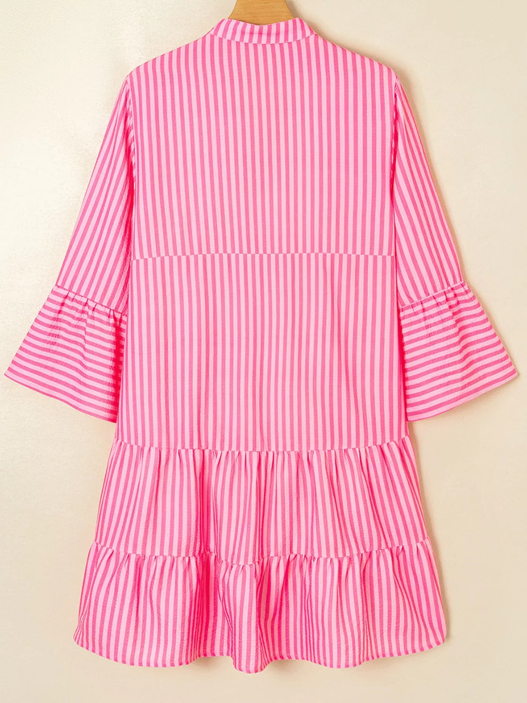 Stripe Flare Sleeve Half Placket Tiered Flowy Mini Dress
