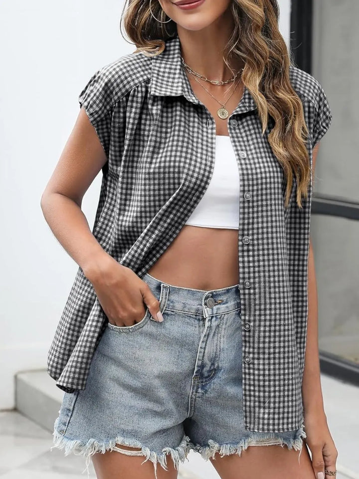 Plaid Button Up Cap Sleeve Shirt
