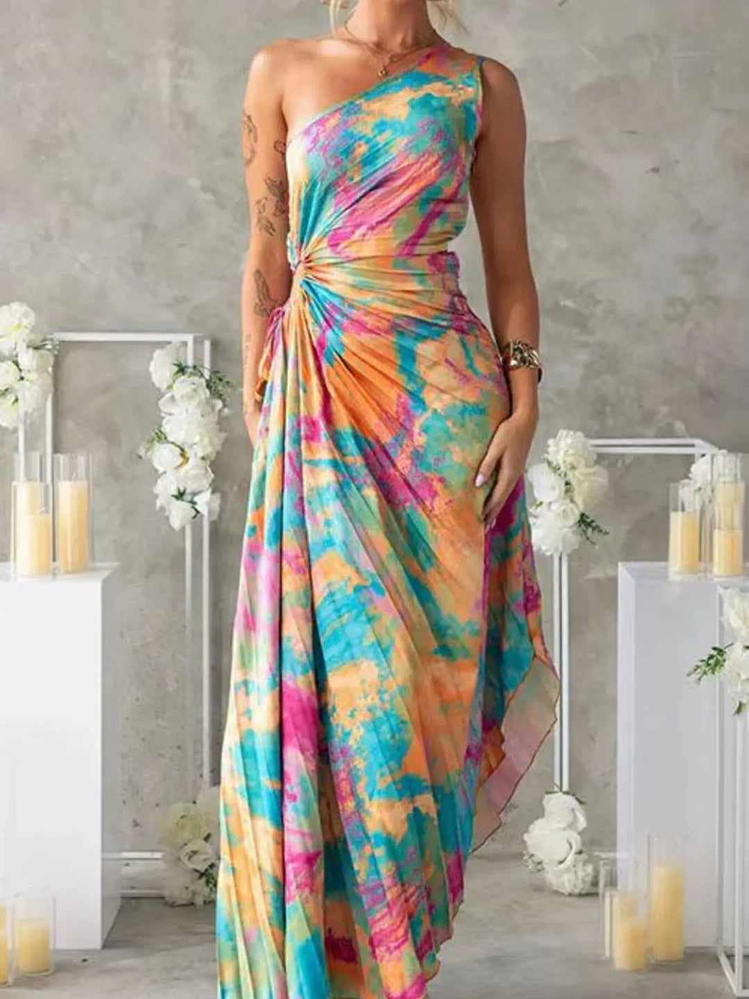 Printed One Shoulder Asymmetrical Maxi Dress