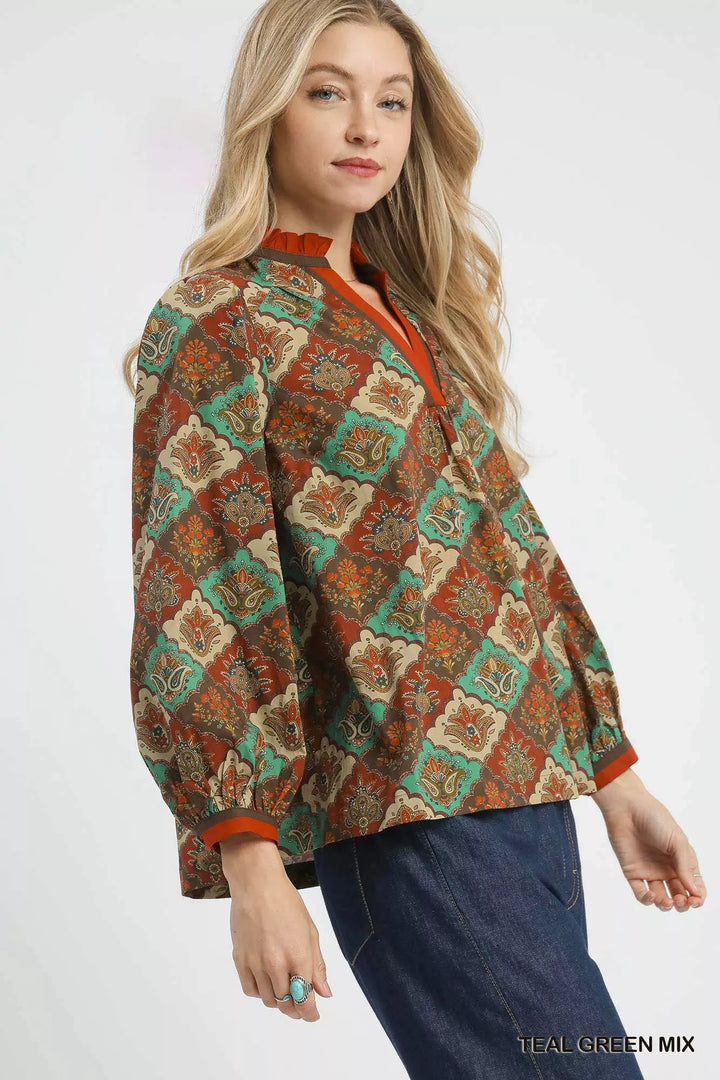 Umgee Abstract Print Ruffle Neck Top