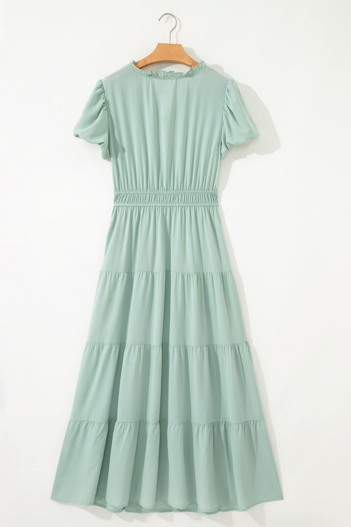 Clearly Aqua Solid Color V Neck Short Puff Sleeve High Waist Tiered Maxi Dress