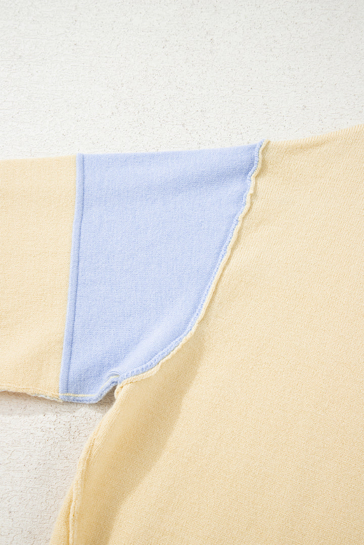 Sky Blue Stripe Contrasting Polo Collar Color Block Knit Drop Shoulder Sweater