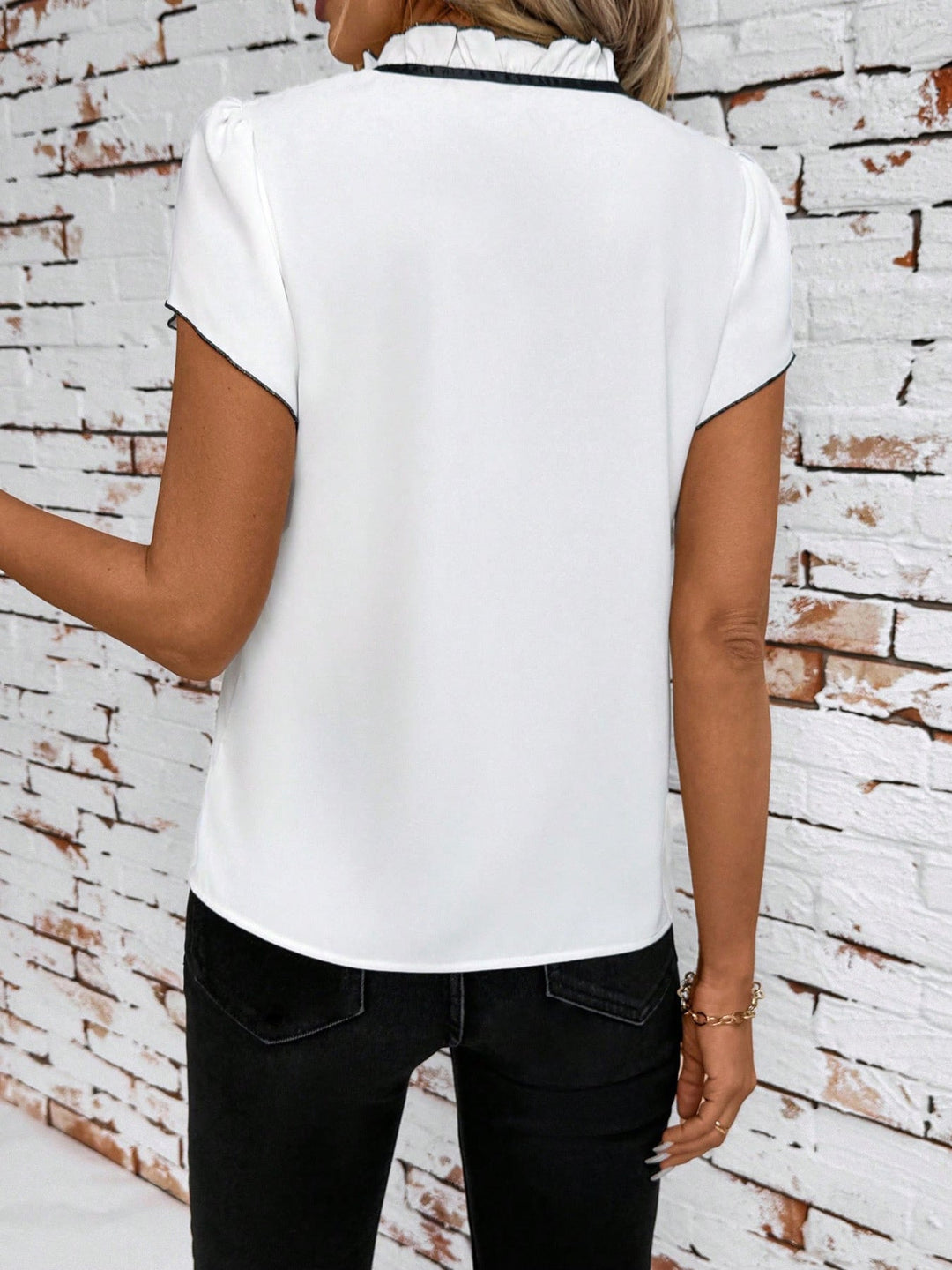 Tie Neck Short Sleeve Blouse