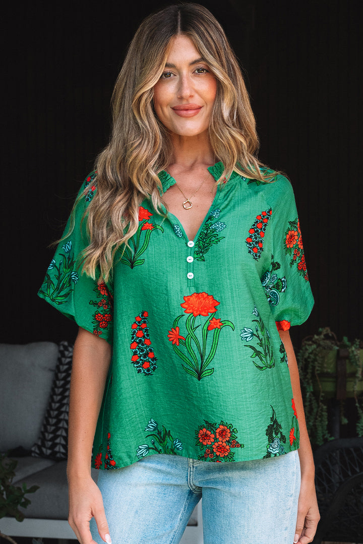 Chemisier à manches courtes et col en V boutonné à imprimé floral vert vif
