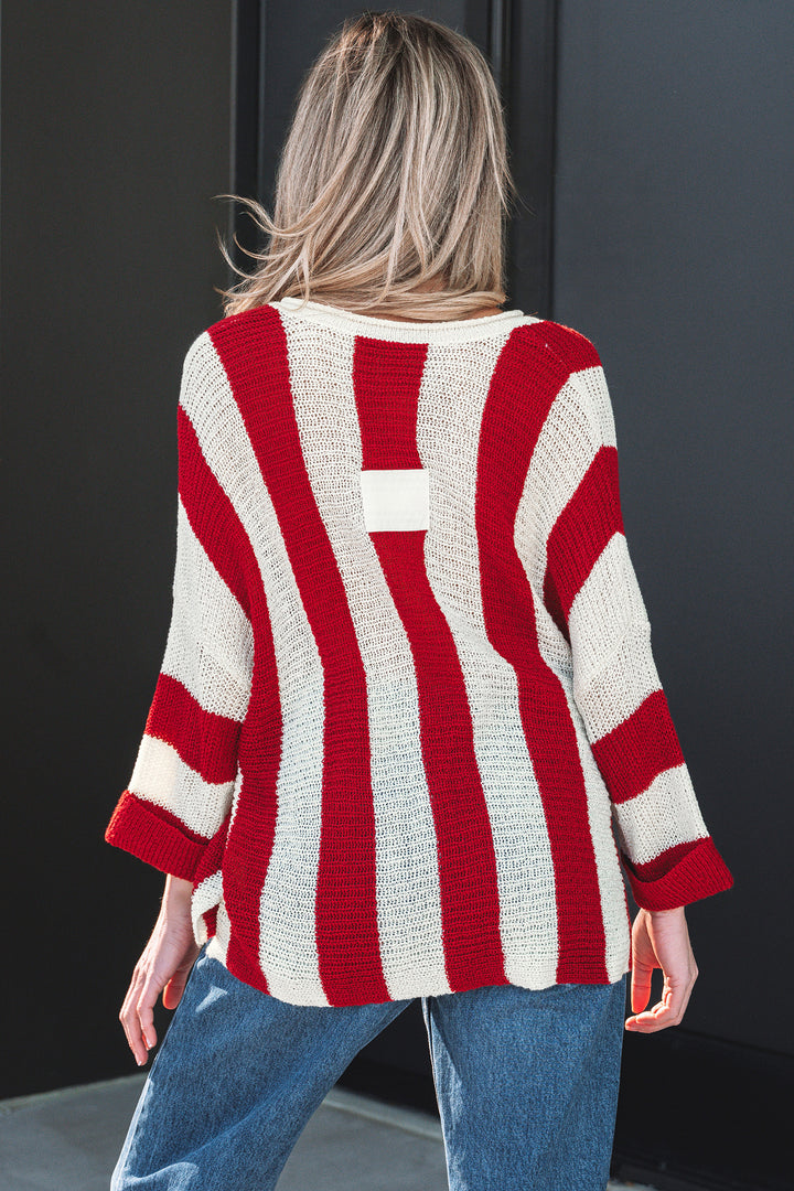 Red Stripe Colorblock V Neck Bracelet Sleeve Sweater