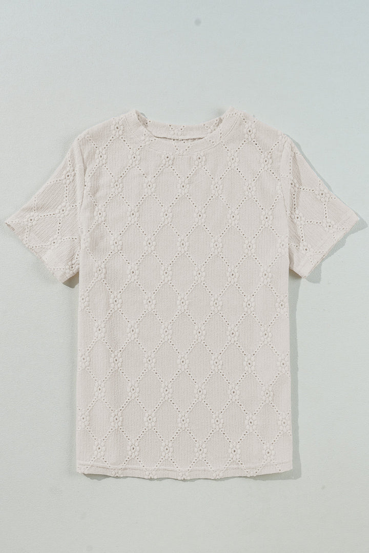 White Geometric Embroidered Slim Fit O Neck T Shirt