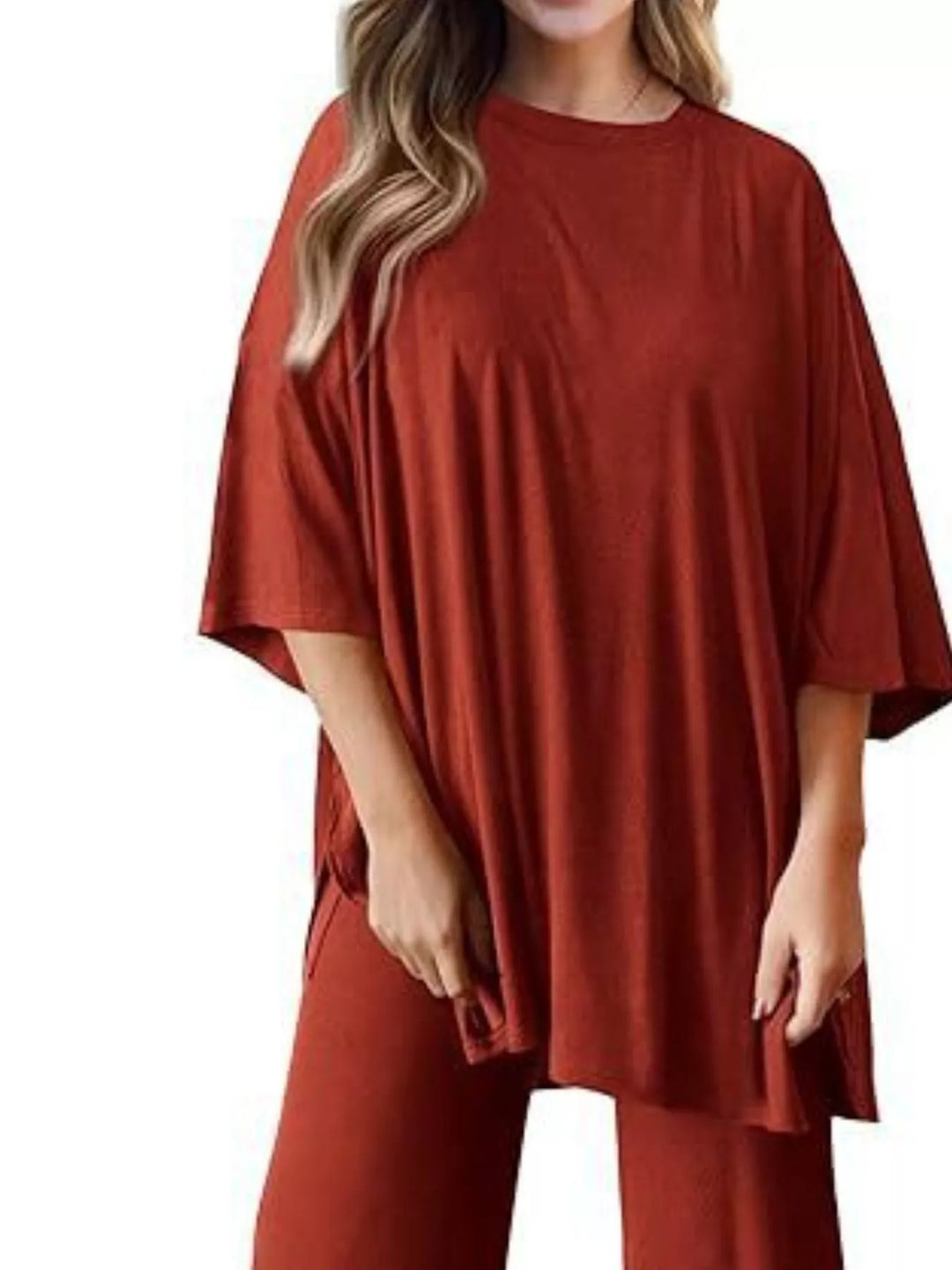 Slit Round Neck Top and Pants Set