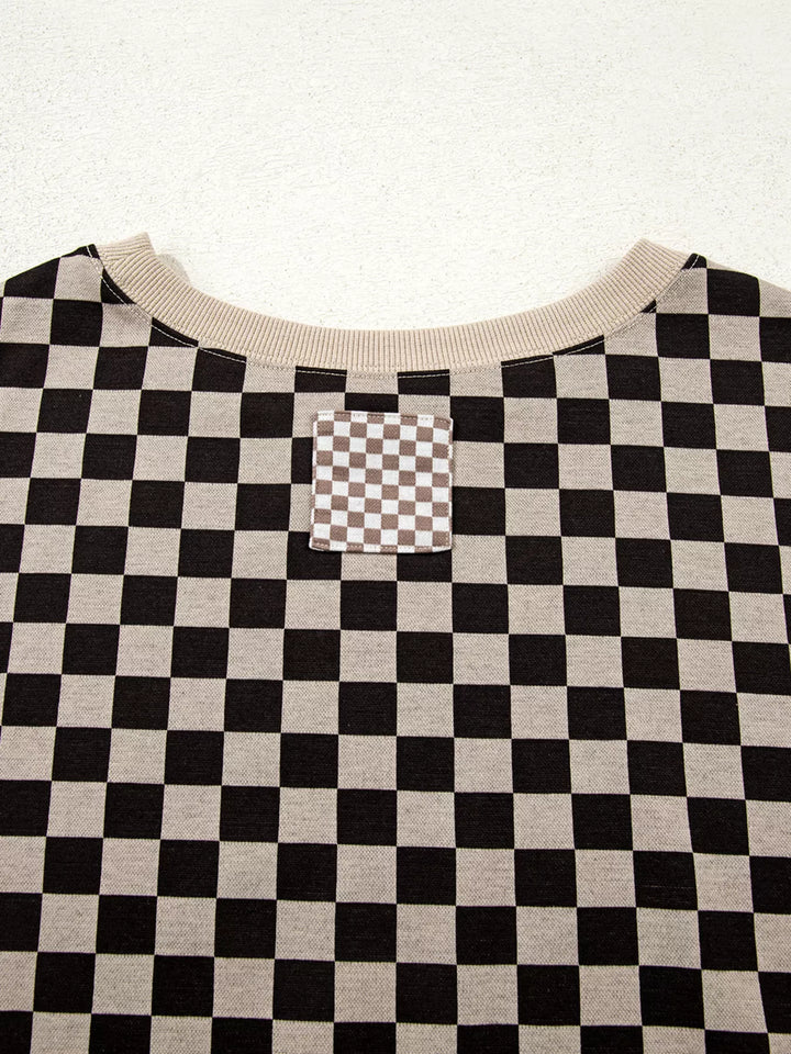 Mixed Checkered Pattern Patchwork High Low Casual Top