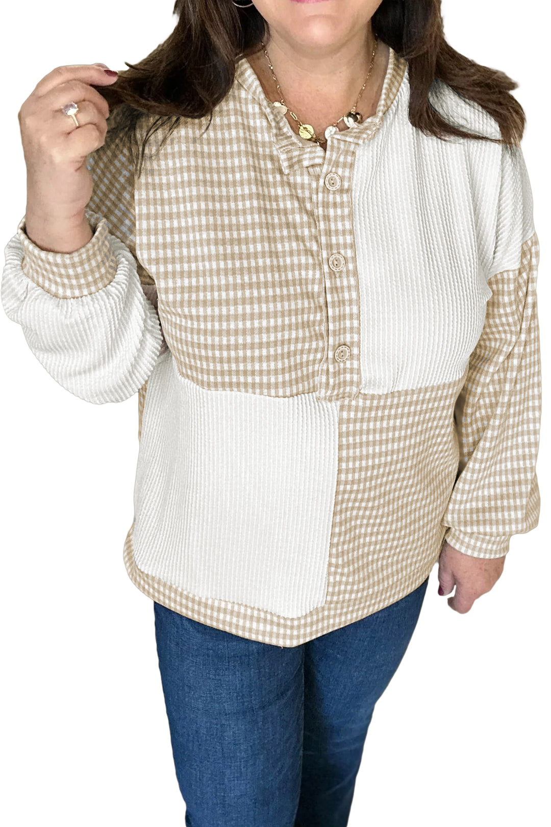 Khaki Patchwork Checkered Long Sleeve Round Neck Plus Size Blouse