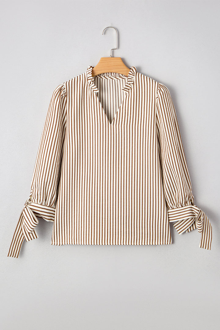 Straw Yellow Striped Print Tied Cuffs Split Neck Seersucker Blouse