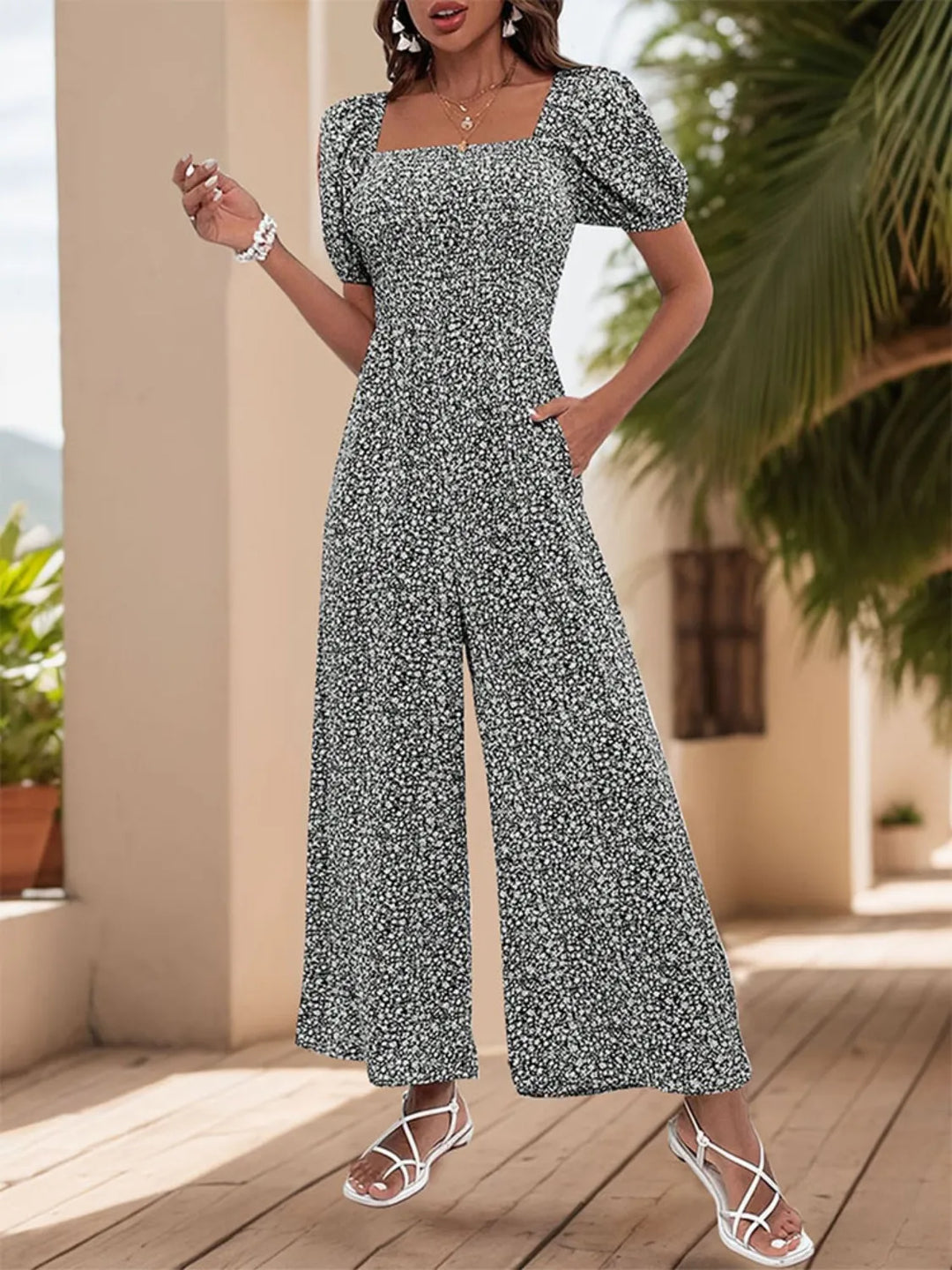 Printed Square Neck Puff Sleeve Jumpsuit