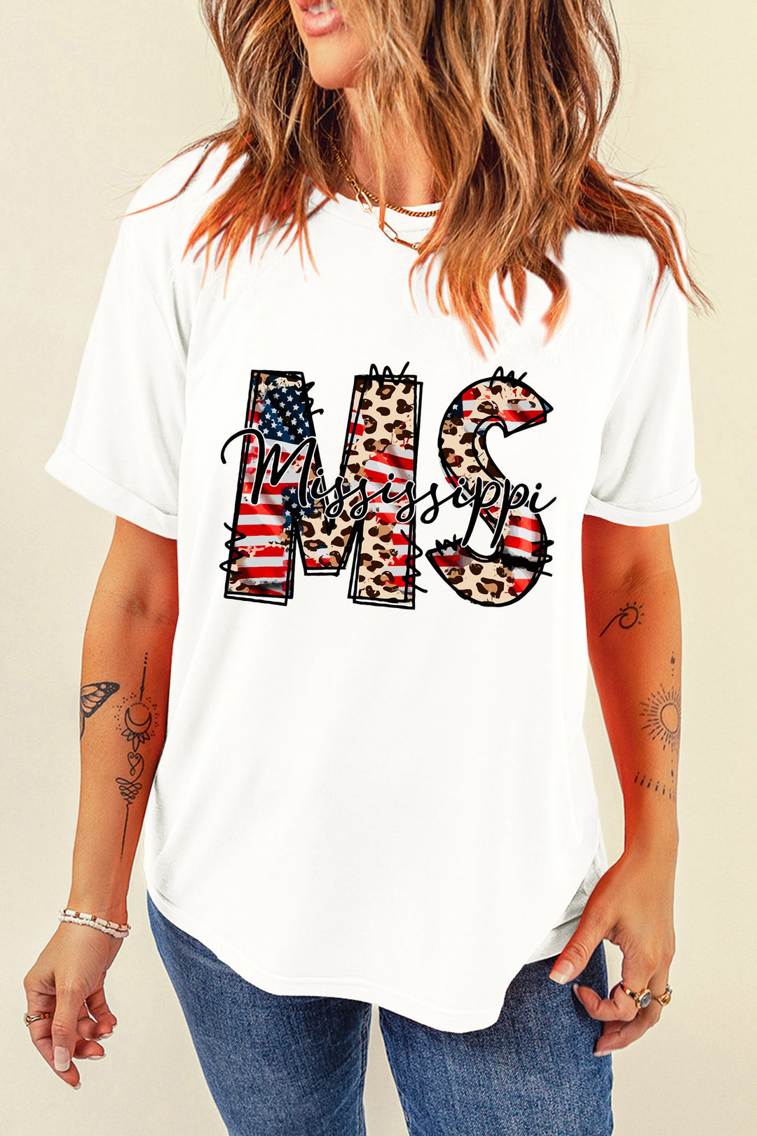 White Mississippi Patriotic MS Printed T Shirt