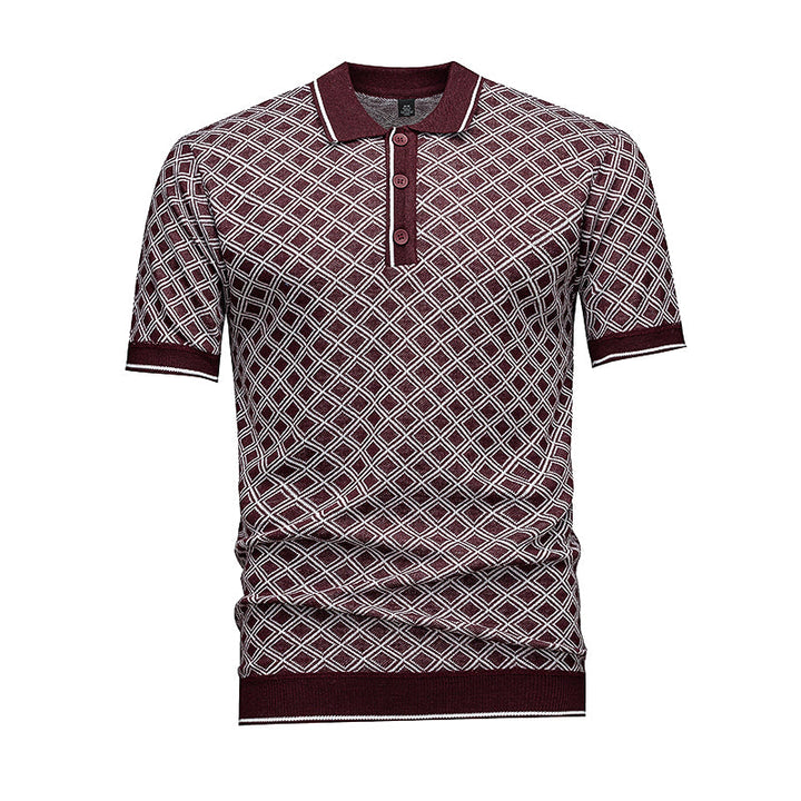 Men's Short Sleeve Knit Polo Shirt, Burgundy Diamond Geometric Jacquard, Smart Casual Retro Style, Breathable Knitted Top