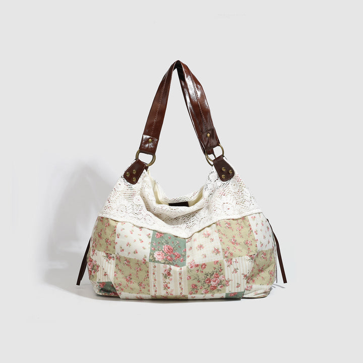 Womens Cotton Floral Patchwork Hollow-Out Shoulder Bag