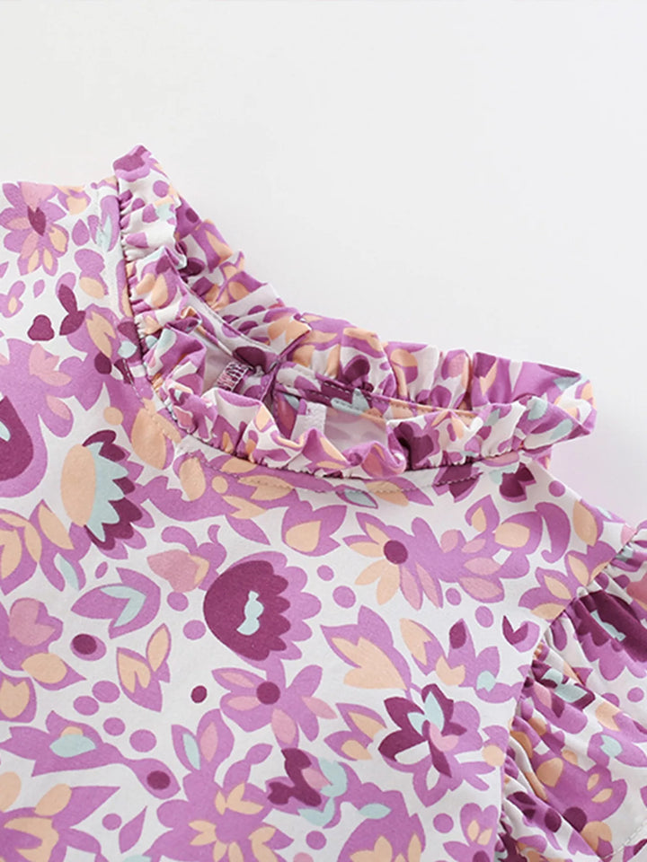 Children's Floral Print Ruffle Trim A-Line Dress
