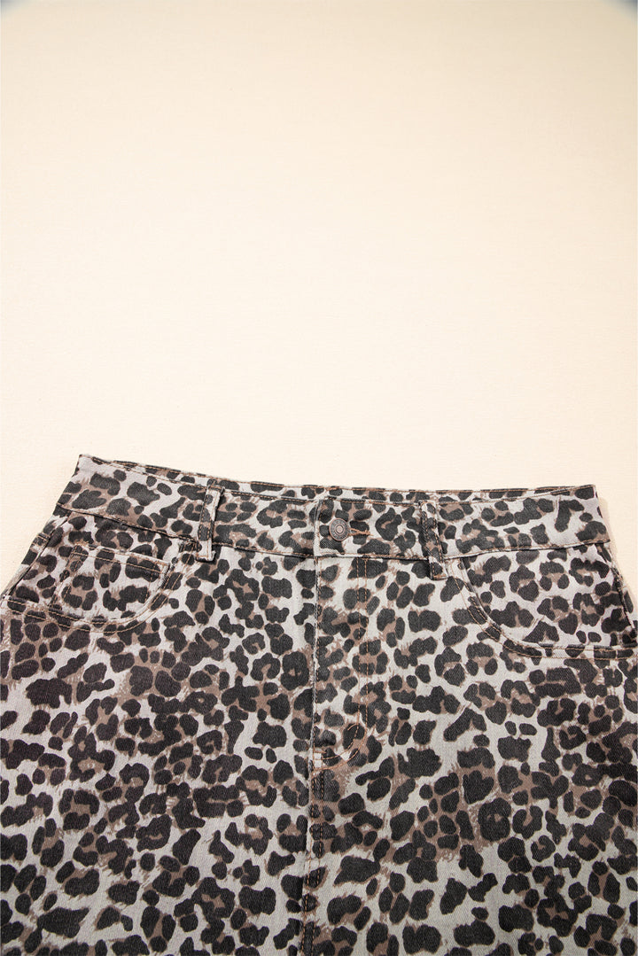 Khaki Leopard Denim Mini Skirt