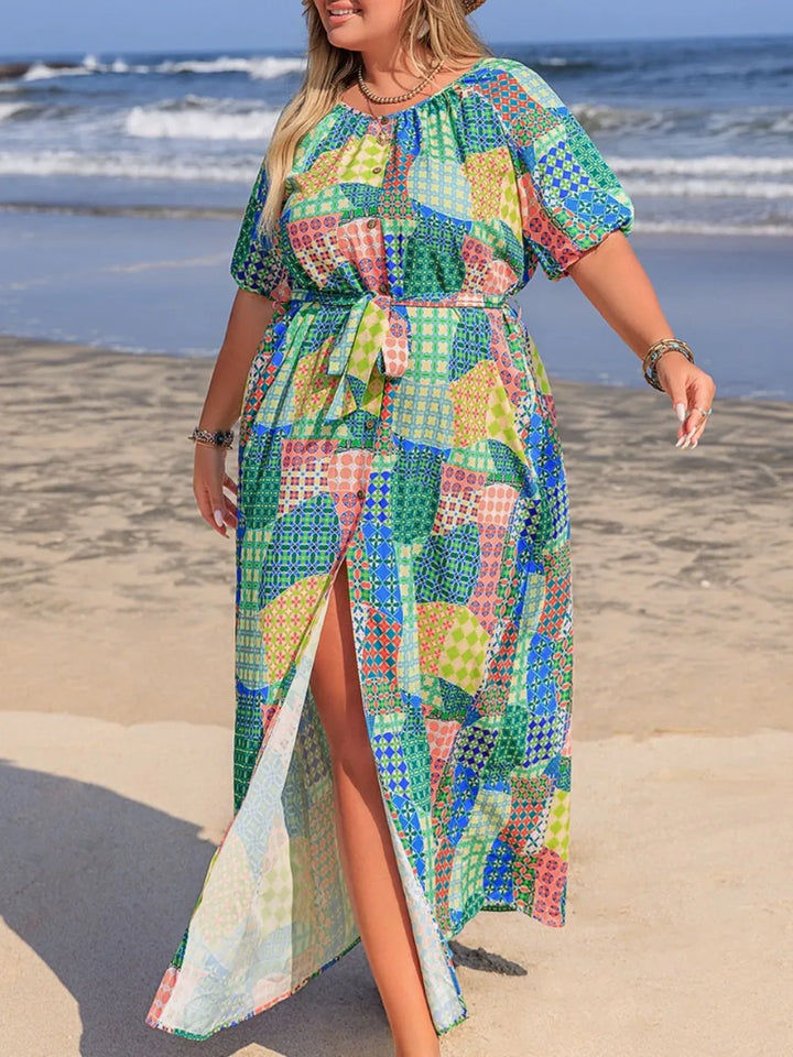 Plus Size Tied Printed Round Neck Maxi Shirt Dress