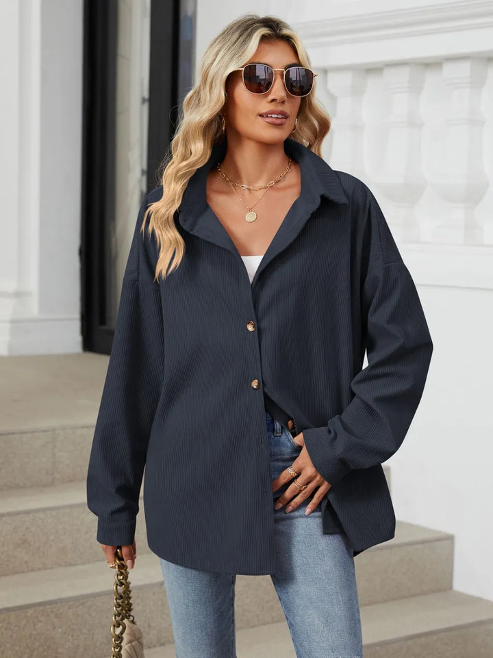 Collared Neck Long Sleeve Dropped Shoulder Shirt