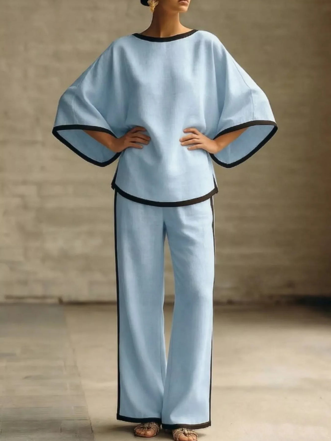 Full Size Contrast Trim Top and Wide-Leg Pants Set Plus Size