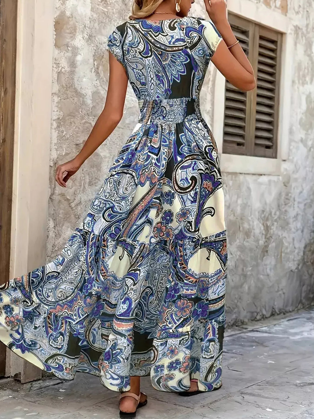 Printed V-Neck Cap Sleeve Maxi Dress
