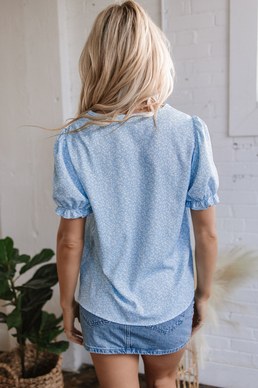 Sky Blue Floral Embroidered Puff Sleeve Notched V Neck Blouse