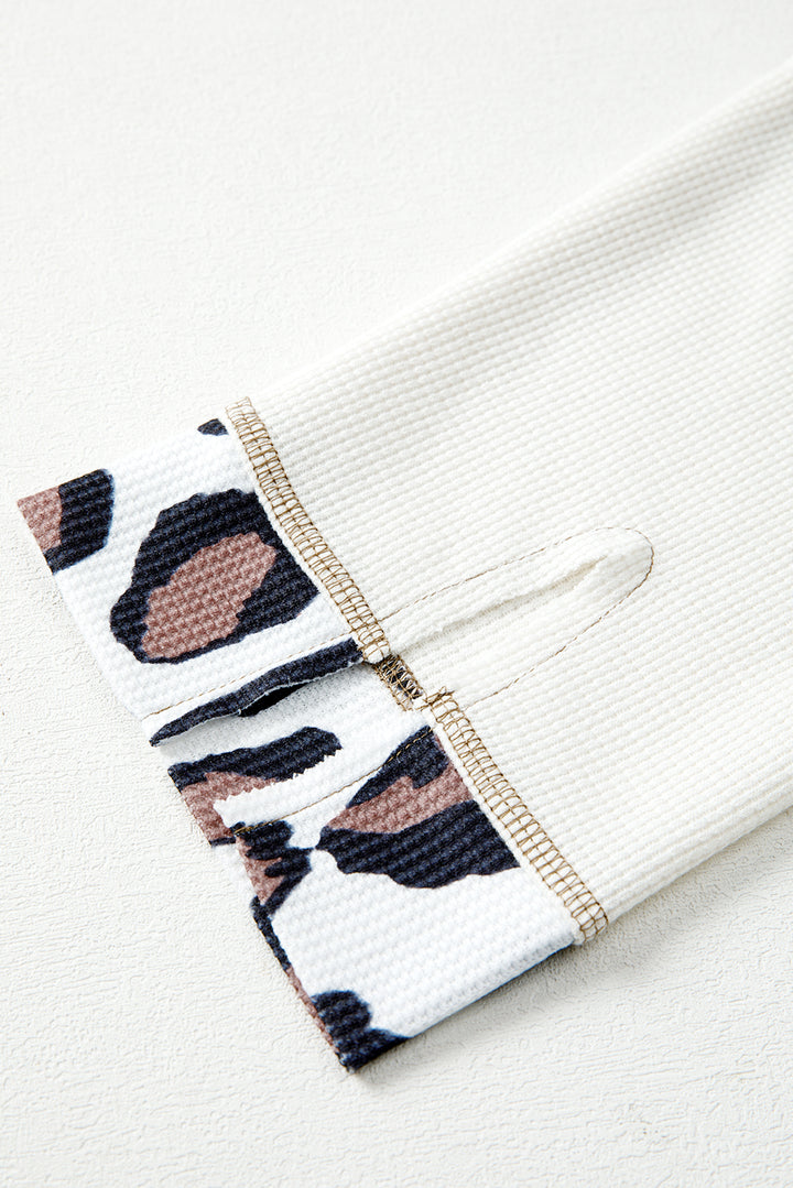 Apricot Oversized Leopard Contrast Mixed Texture Patchwork Zip Up Drop Shoulder Hoodie