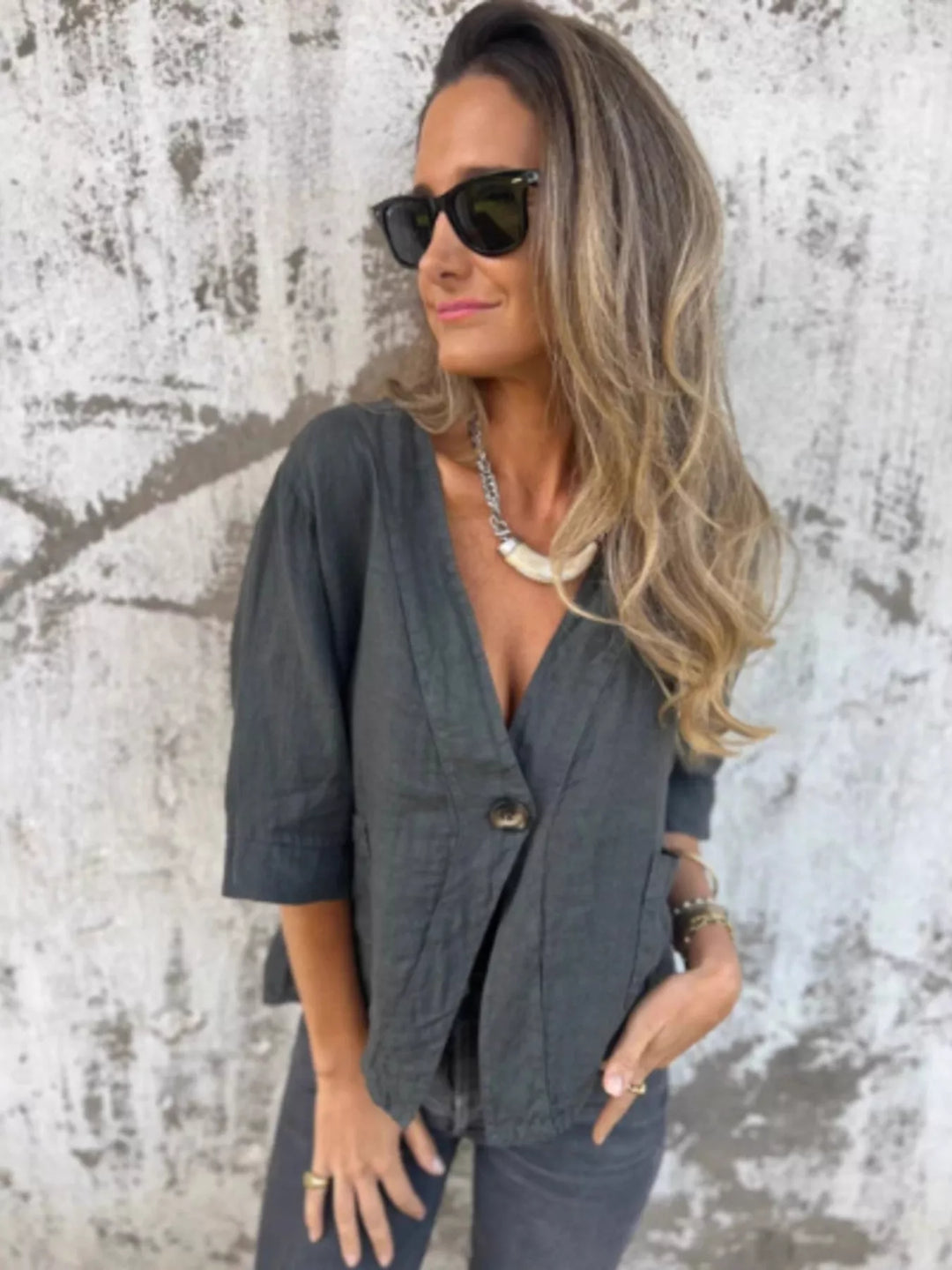 Full Size One Button V-Neck Shirt Plus Size