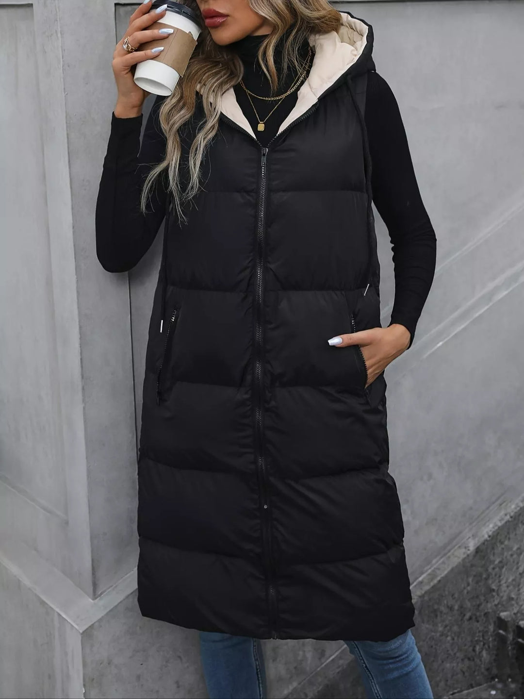 Longline Padded Hooded Vest Coat