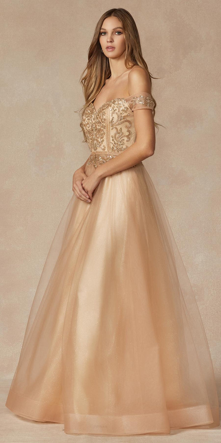 Juliet 287 Long Off the Shoulder Beaded Top A-Line Prom Dress